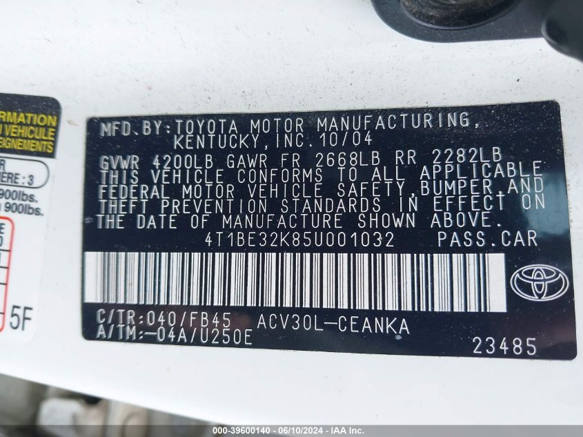 2005 Toyota Camry Le VIN: 4T1BE32K85U001032 Lot: 39600140