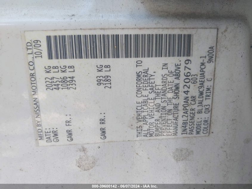 2010 Nissan Altima 3.5 Sr VIN: 1N4BL2AP0AN420679 Lot: 39600142