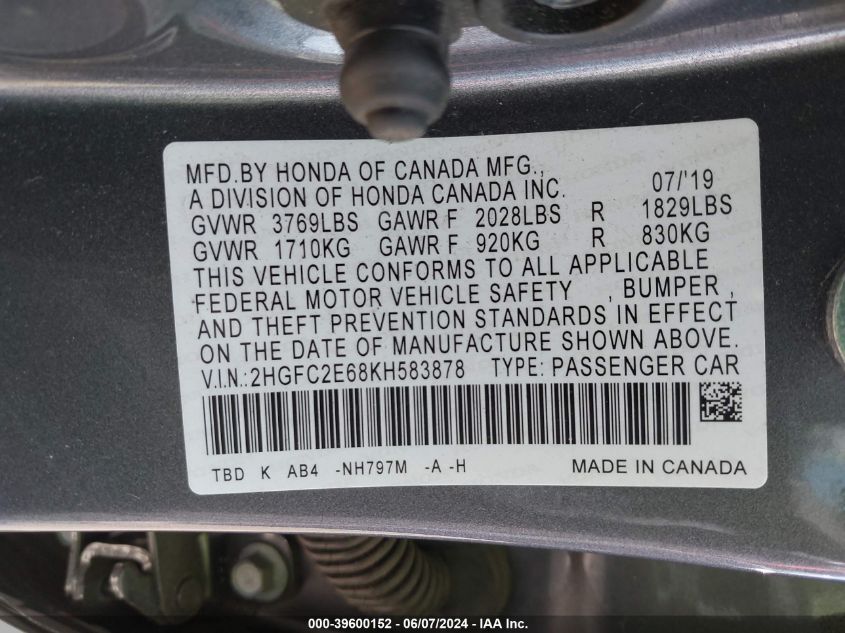 2019 Honda Civic Lx VIN: 2HGFC2E68KH583878 Lot: 39600152