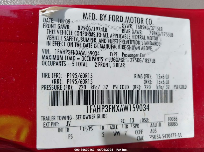 2010 Ford Focus Se VIN: 1FAHP3FNXAW159034 Lot: 39600163