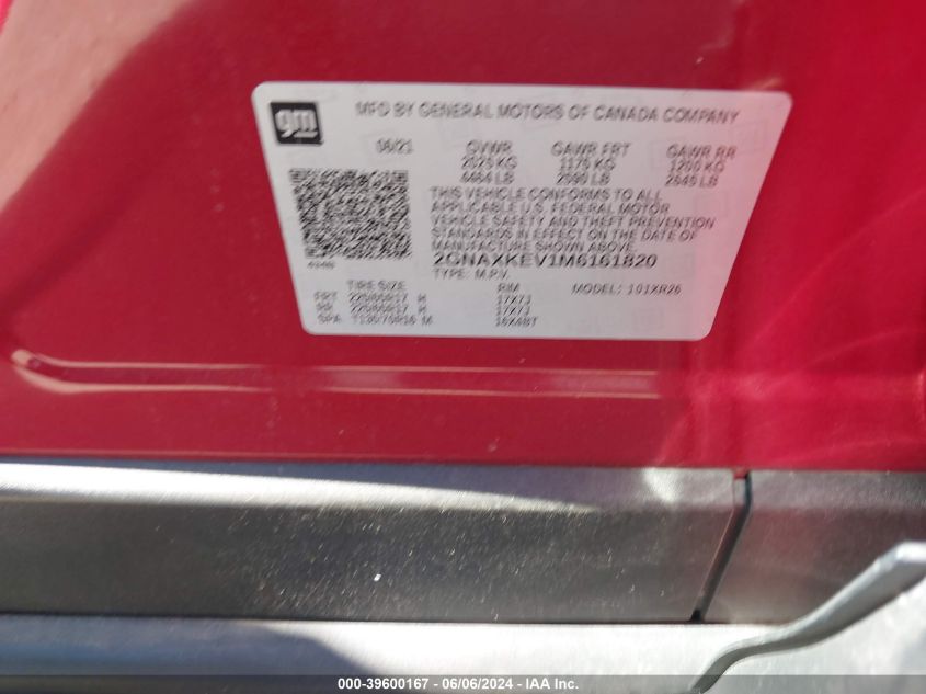 2021 Chevrolet Equinox Fwd Lt VIN: 2GNAXKEV1M6161820 Lot: 39600167