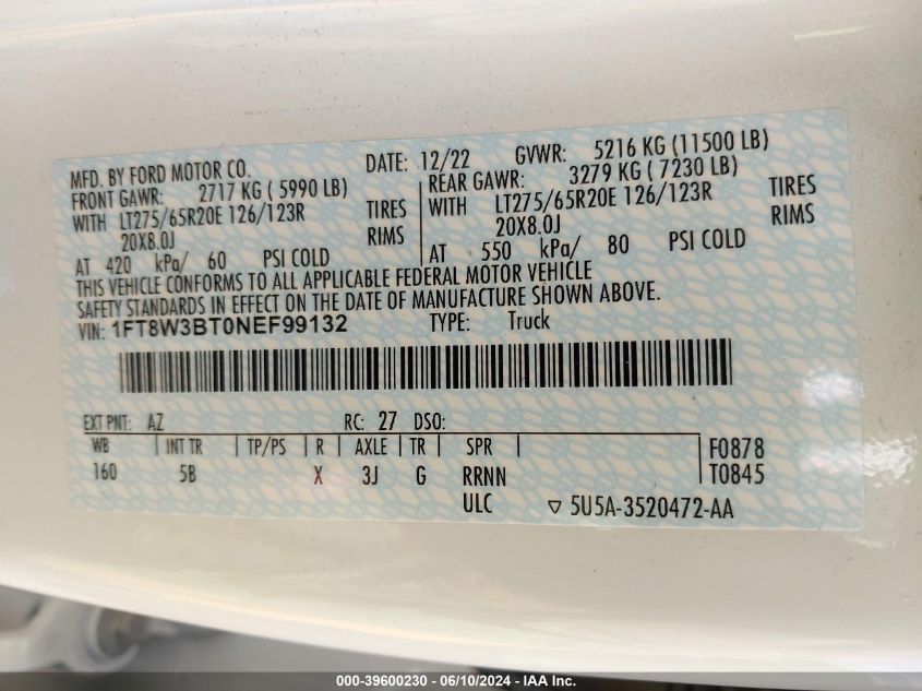 2022 Ford F-350 Lariat VIN: 1FT8W3BT0NEF99132 Lot: 39600230