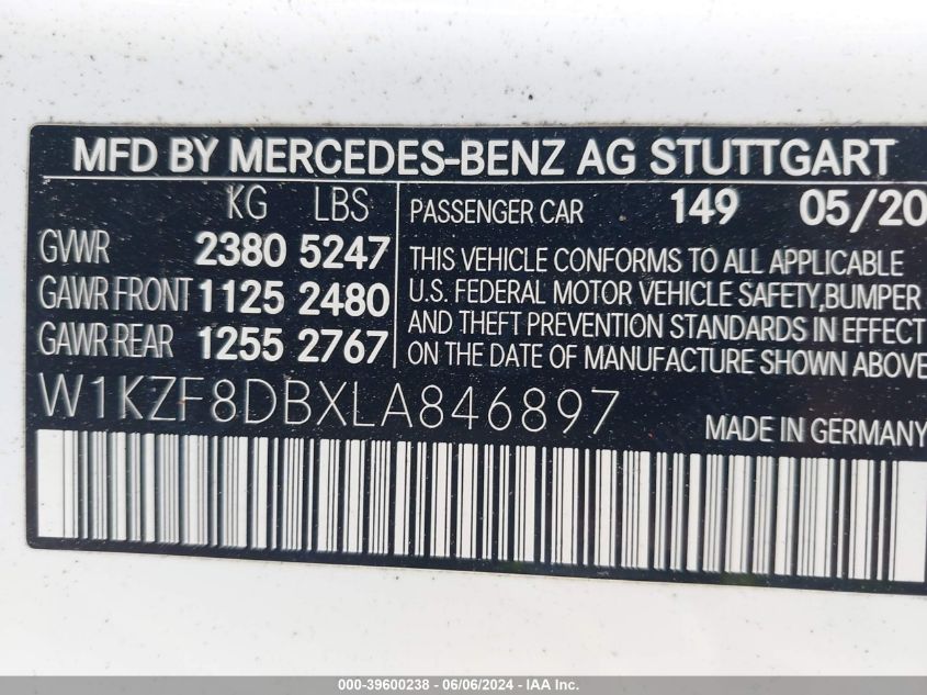 W1KZF8DBXLA846897 2020 Mercedes-Benz E 350