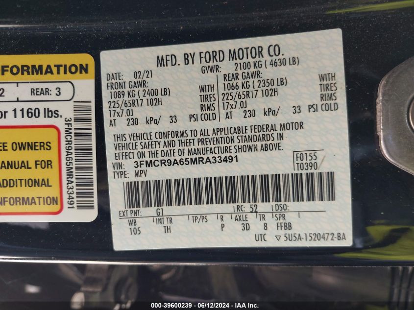 2021 Ford Bronco Sport VIN: 3FMCR9A65MRA33491 Lot: 39600239