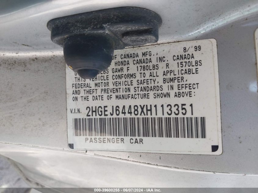 1999 Honda Civic Dx VIN: 2HGEJ6448XH113351 Lot: 39600255