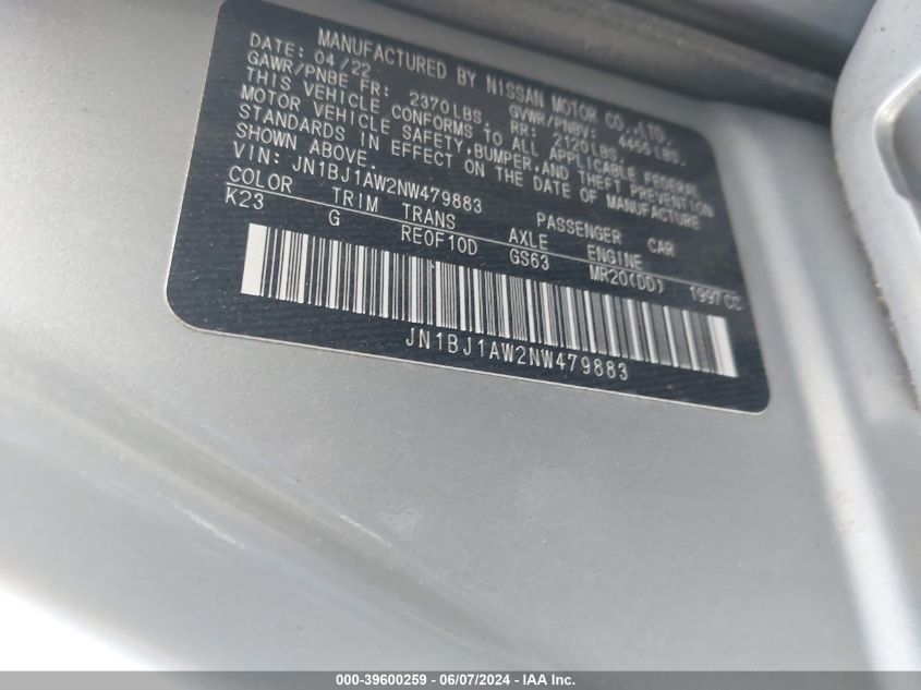 2022 Nissan Rogue Sport S Awd Xtronic Cvt VIN: JN1BJ1AW2NW479883 Lot: 39600259