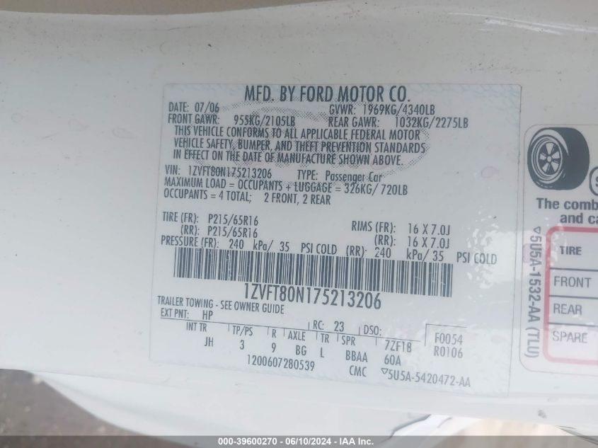 2007 Ford Mustang V6 Deluxe/V6 Premium VIN: 1ZVFT80N175213206 Lot: 39600270