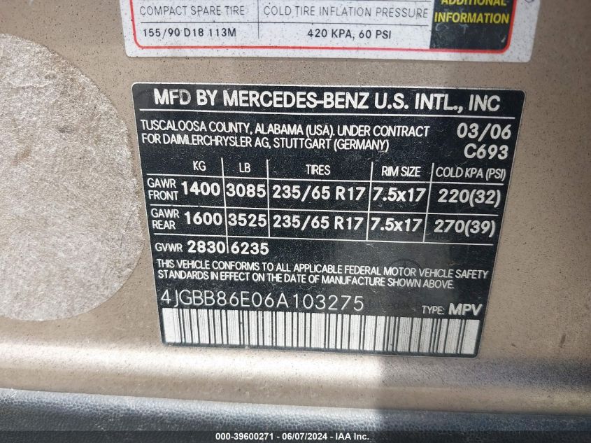 2006 Mercedes-Benz Ml 350 4Matic VIN: 4JGBB86E06A103275 Lot: 39600271