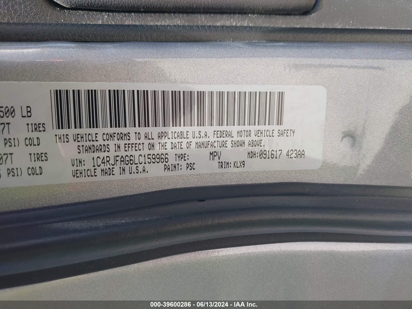 2020 Jeep Grand Cherokee Altitude 4X4 VIN: 1C4RJFAG6LC159966 Lot: 39600286