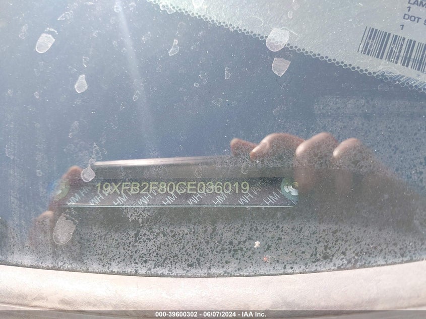 2012 Honda Civic Ex VIN: 19XFB2F80CE036019 Lot: 39600302