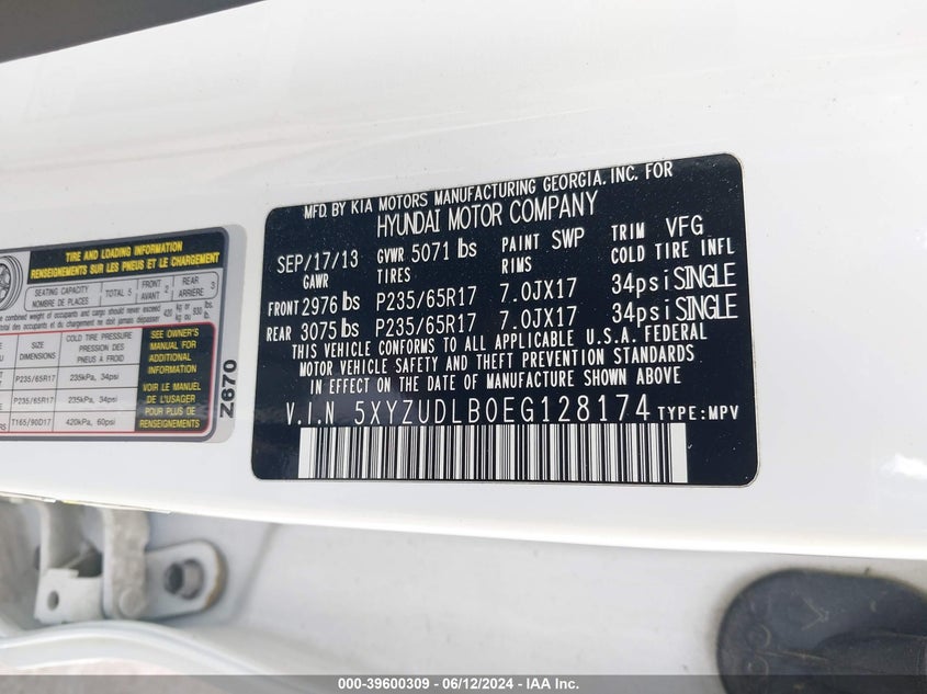 2014 Hyundai Santa Fe Sport 2.4L VIN: 5XYZUDLB0EG128174 Lot: 39600309