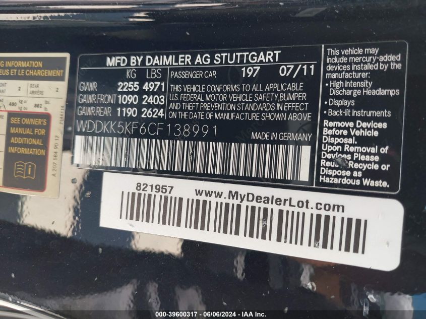 2012 Mercedes-Benz E 350 VIN: WDDKK5KF6CF138991 Lot: 39600317