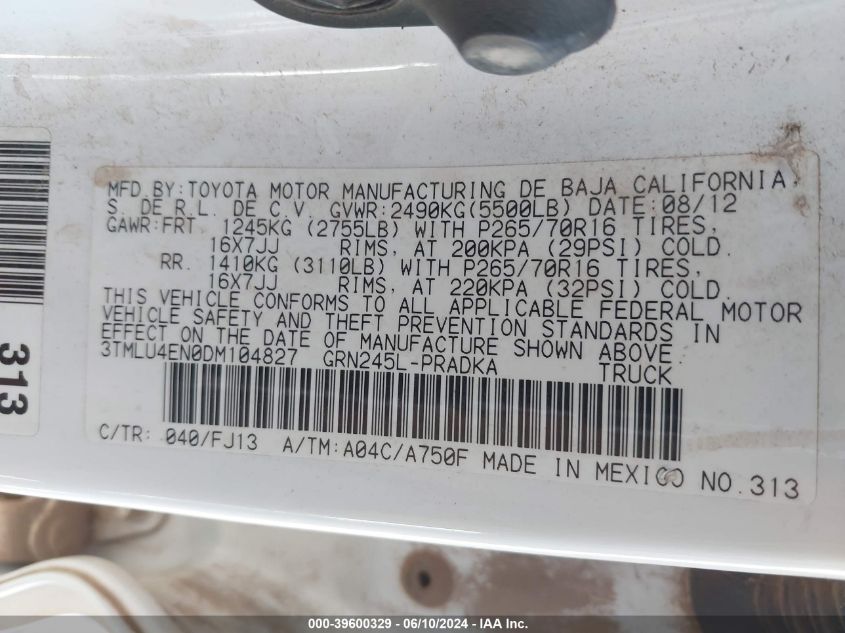 2013 Toyota Tacoma Base V6 VIN: 3TMLU4EN0DM104827 Lot: 39600329