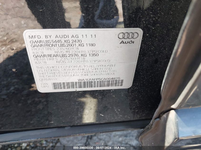 2012 Audi Q5 2.0T Premium VIN: WA1LFAFP5CA064825 Lot: 39600330