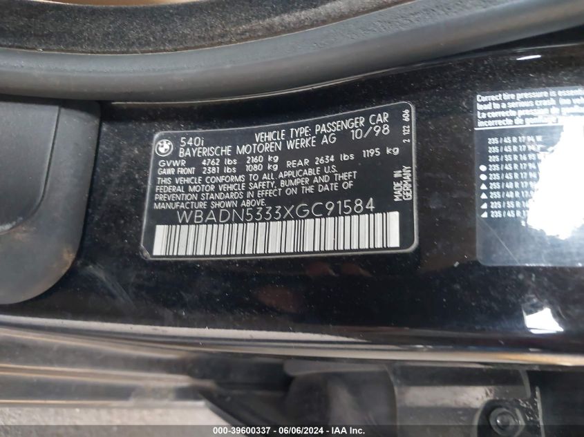 1999 BMW 540I VIN: WBADN5333XGC91584 Lot: 39600337