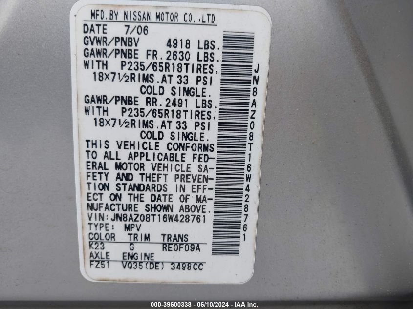 2006 Nissan Murano Sl VIN: JN8AZ08T16W428761 Lot: 39600338