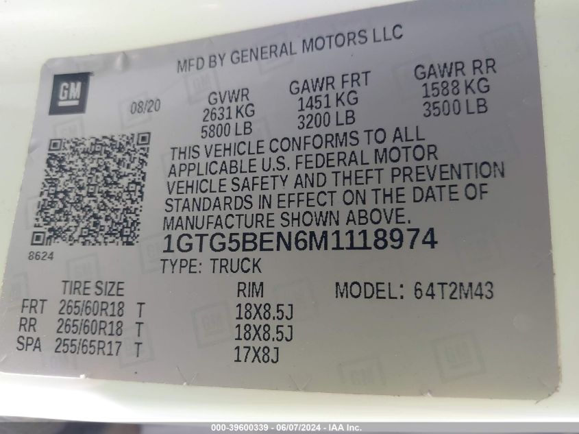 2021 GMC Canyon 2Wd Short Box Elevation Standard VIN: 1GTG5BEN6M1118974 Lot: 39600339