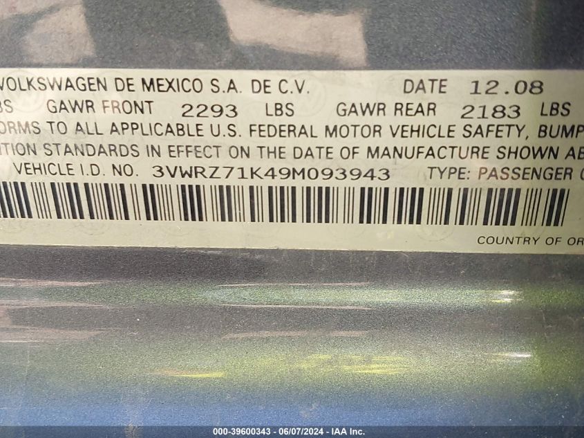 2009 Volkswagen Jetta Se VIN: 3VWRZ71K49M093943 Lot: 39600343