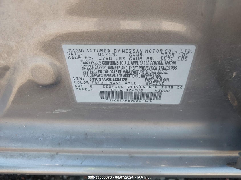 2013 Nissan Versa 1.6 Sv VIN: 3N1CN7AP2DL864126 Lot: 39600373