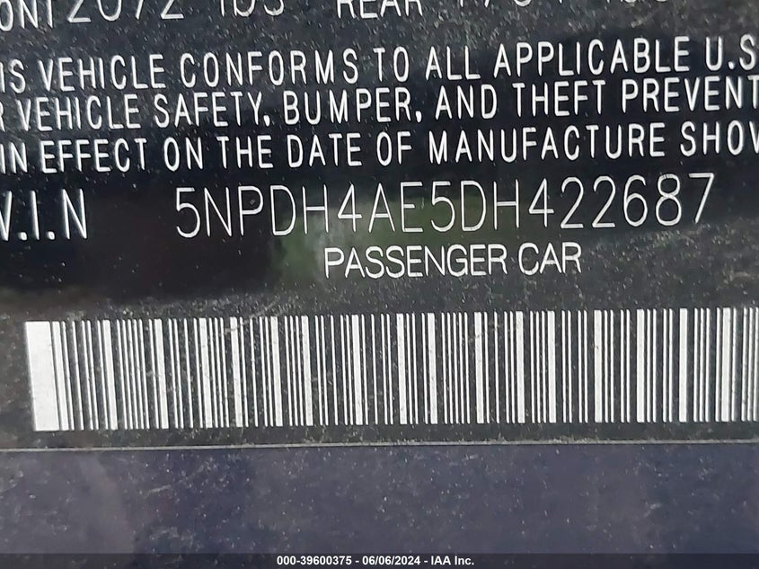 2013 Hyundai Elantra Gls VIN: 5NPDH4AE5DH422687 Lot: 39600375