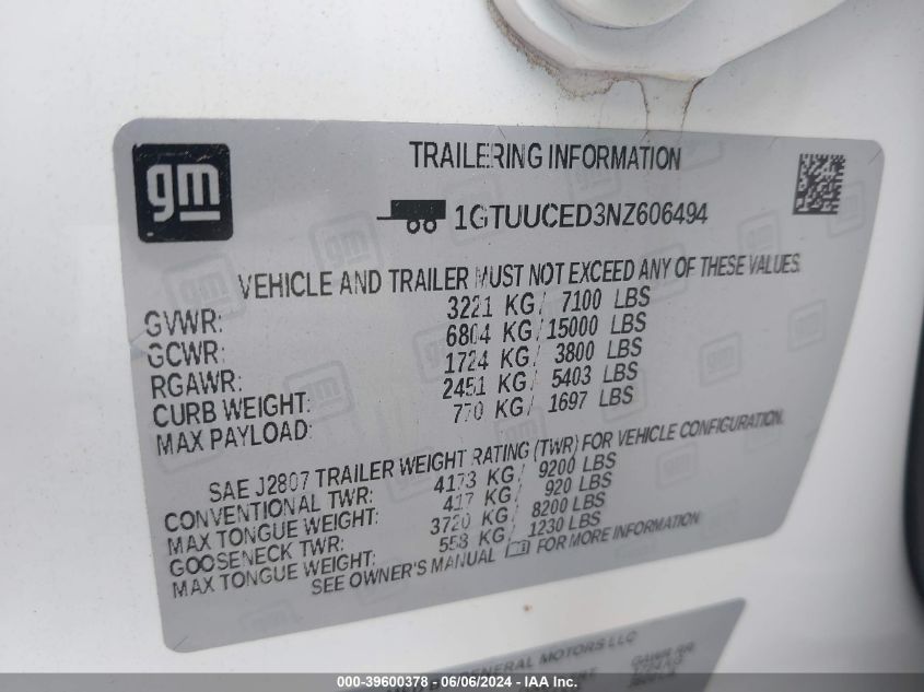 2022 GMC Sierra 1500 4Wd Short Box Elevation With 3Sb VIN: 1GTUUCED3NZ606494 Lot: 39600378