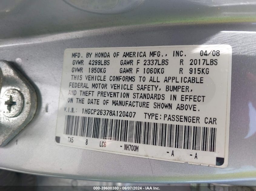 1HGCP26378A120407 2008 Honda Accord 2.4 Lx