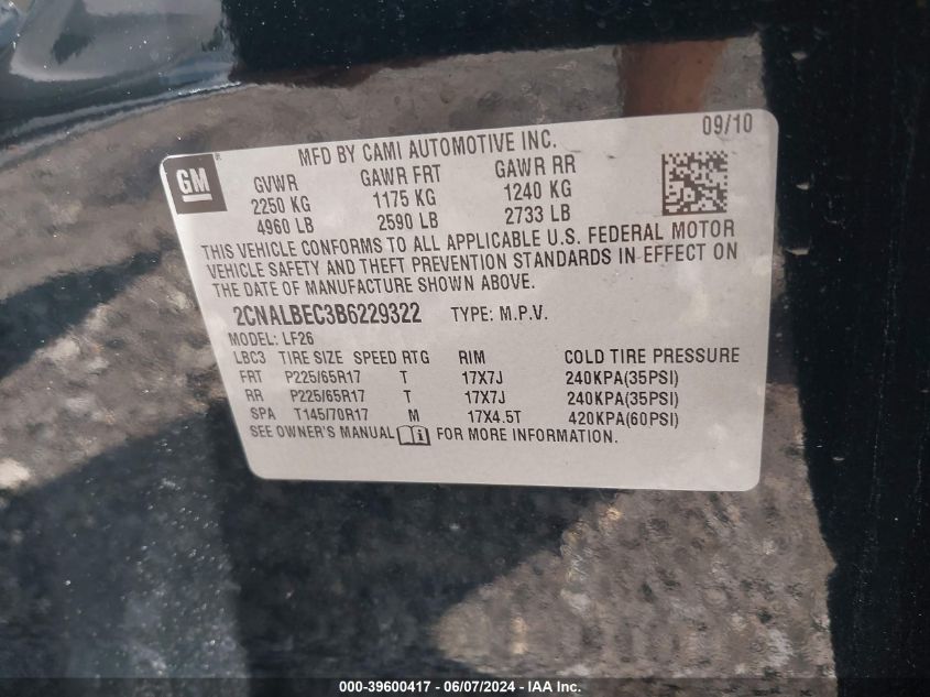 2011 Chevrolet Equinox Ls VIN: 2CNALBEC3B6229322 Lot: 39600417