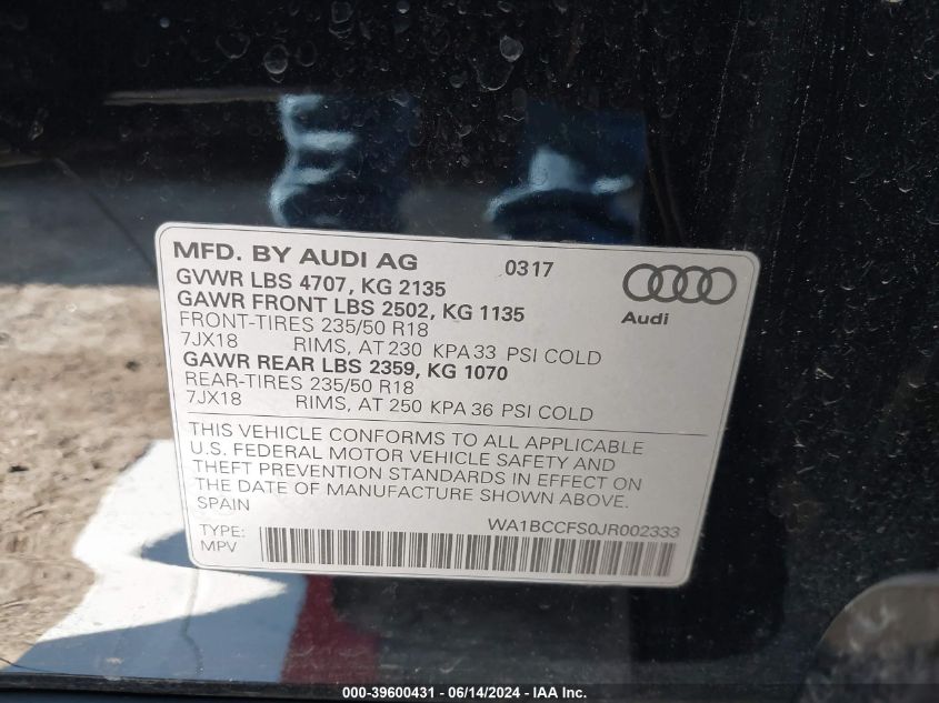 2018 Audi Q3 2.0T Premium/2.0T Sport Premium VIN: WA1BCCFS0JR002333 Lot: 39600431