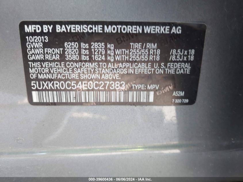 2014 BMW X5 xDrive35I VIN: 5UXKR0C54E0C27383 Lot: 39600436