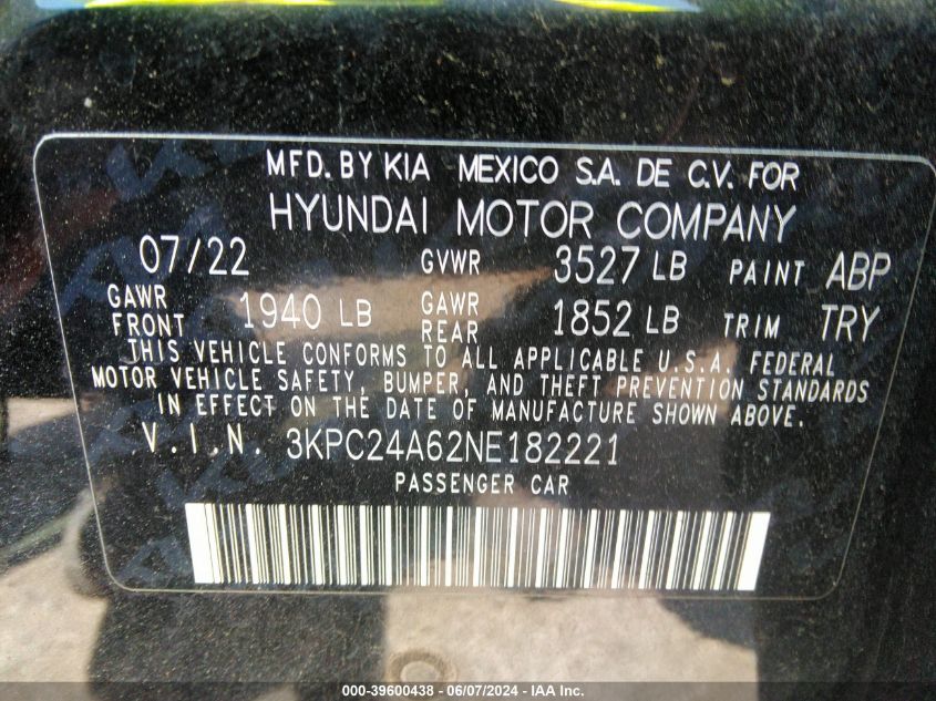 2022 Hyundai Accent Se VIN: 3KPC24A62NE182221 Lot: 39600438