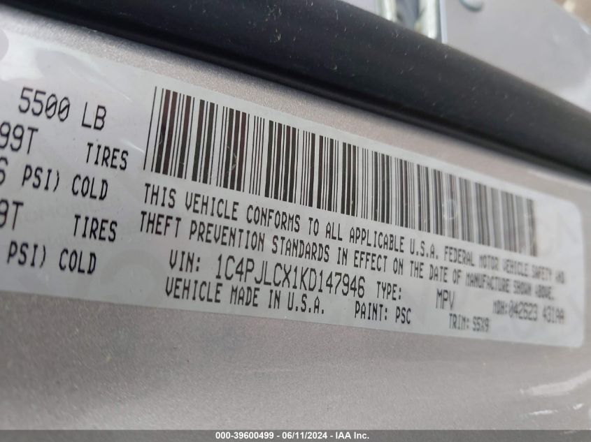 2019 Jeep Cherokee Latitude Fwd VIN: 1C4PJLCX1KD147946 Lot: 39600499