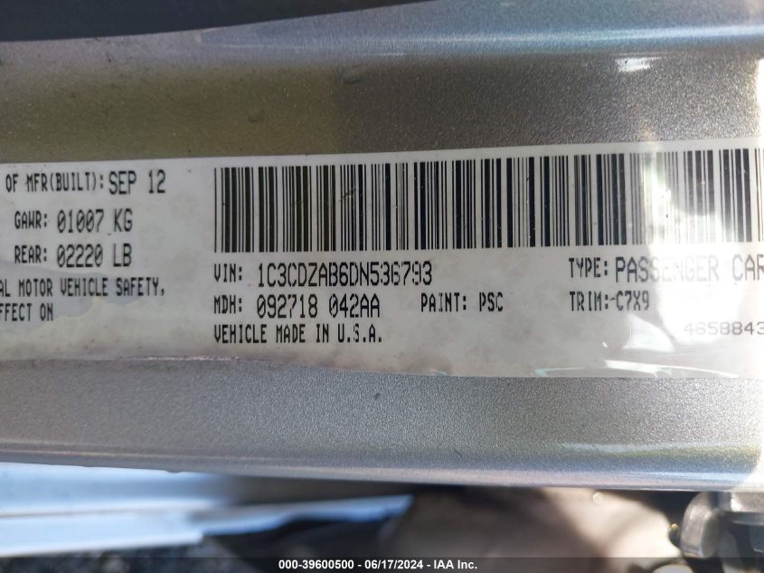 2013 Dodge Avenger Se VIN: 1C3CDZAB6DN536793 Lot: 39600500