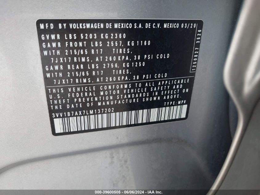 2020 Volkswagen Tiguan 2.0T S VIN: 3VV1B7AX7LM137202 Lot: 39600505