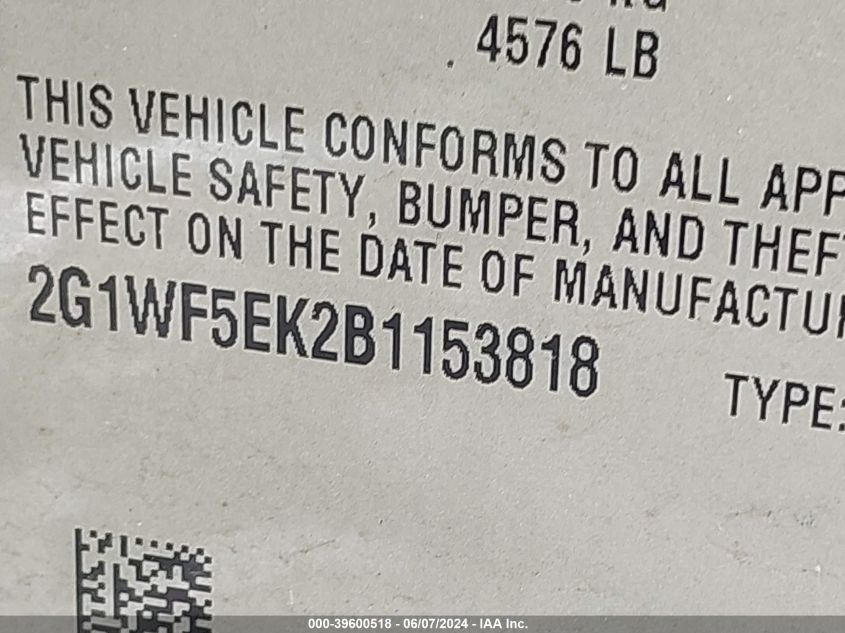 2011 Chevrolet Impala Ls VIN: 2G1WF5EK2B1153818 Lot: 39600518