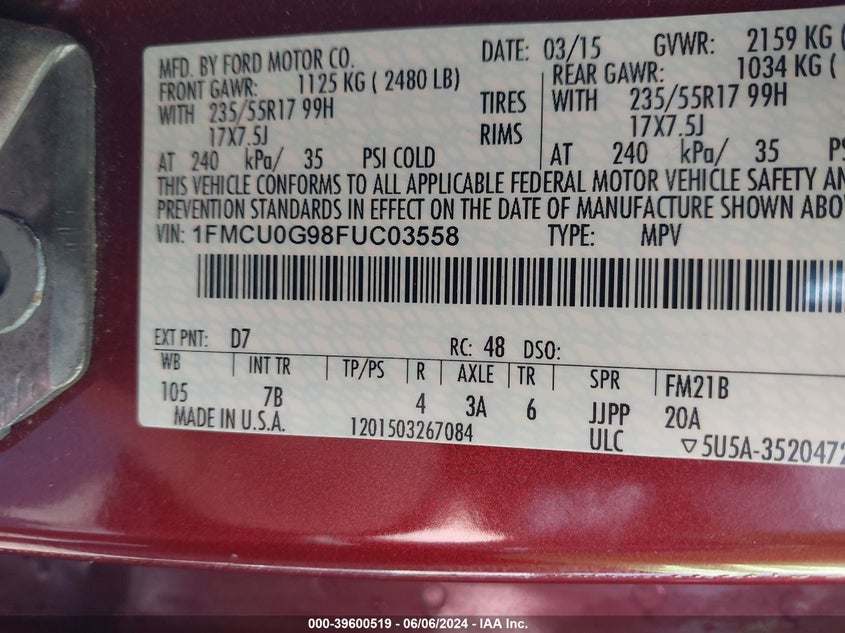 2015 Ford Escape Se VIN: 1FMCU0G98FUC03558 Lot: 39600519