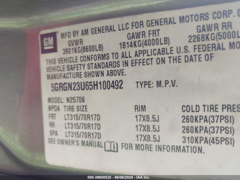 2005 Hummer H2 Suv VIN: 5GRGN23U65H100492 Lot: 39600525