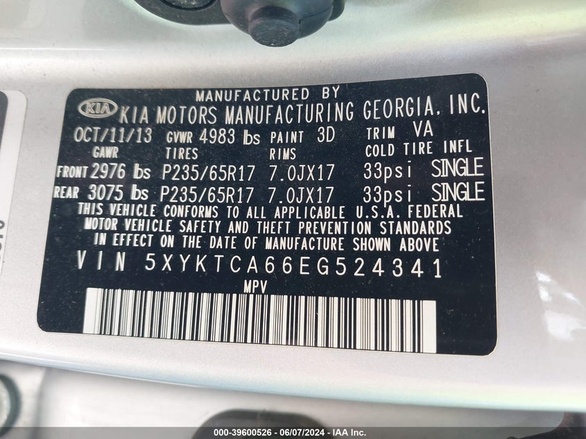 2014 Kia Sorento Lx VIN: 5XYKTCA66EG524341 Lot: 39600526