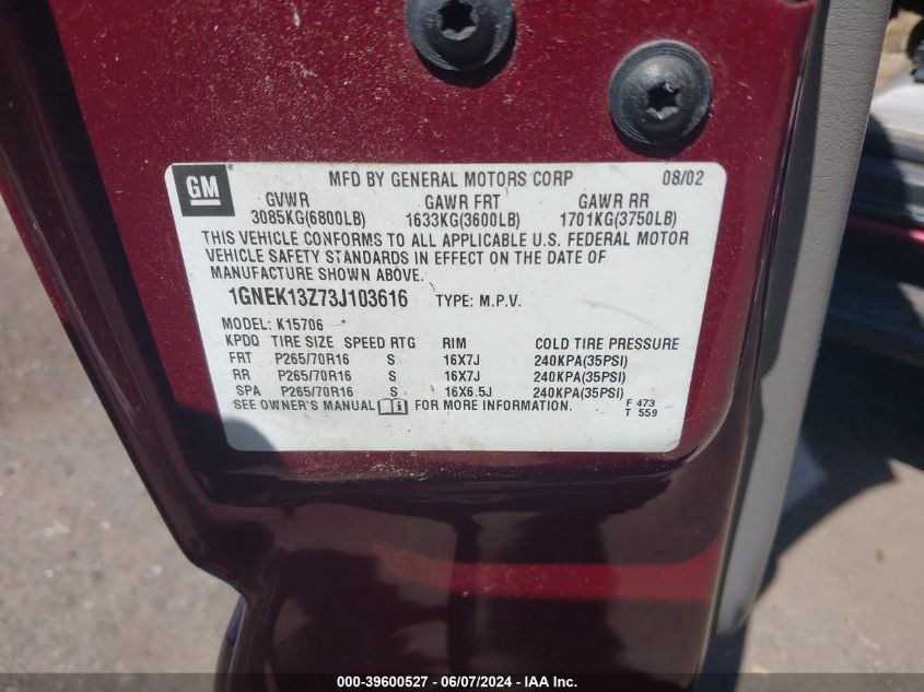 2003 Chevrolet Tahoe Lt VIN: 1GNEK13Z73J103616 Lot: 39600527