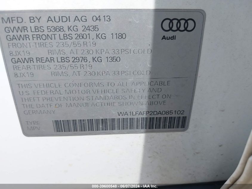 2013 Audi Q5 2.0T Premium VIN: WA1LFAFP2DA085102 Lot: 39600548