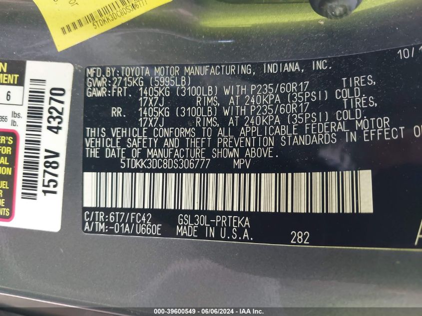 2013 Toyota Sienna Le V6 8 Passenger VIN: 5TDKK3DC8DS306777 Lot: 39600549