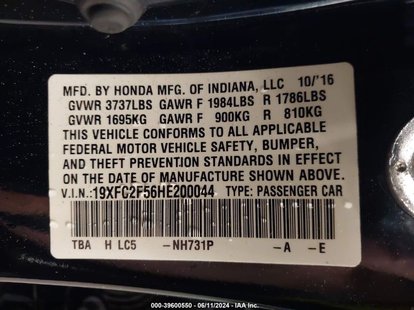 2017 Honda Civic Lx VIN: 19XFC2F56HE200044 Lot: 39600550