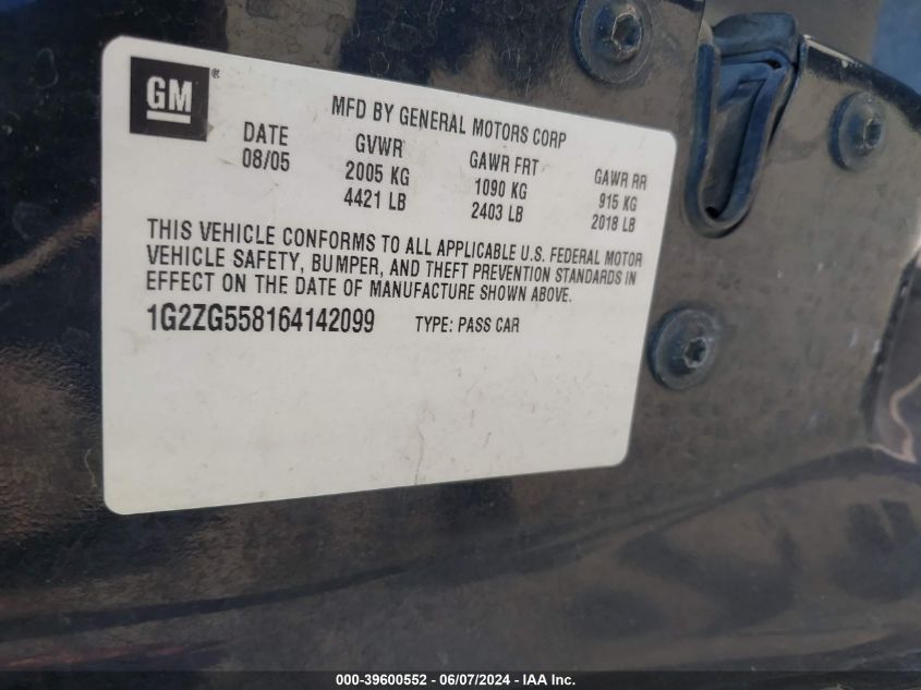 2006 Pontiac G6 VIN: 1G2ZG558164142099 Lot: 39600552