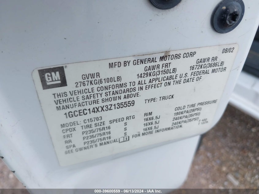 2003 Chevrolet Silverado 1500 VIN: 1GCEC14XX3Z135559 Lot: 39600559