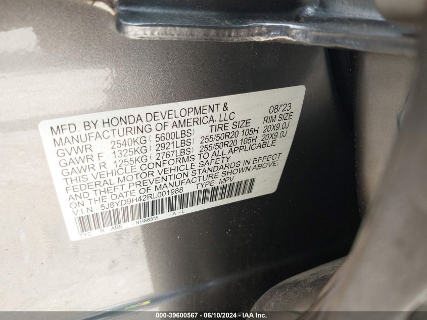 2024 Acura Mdx Technology Package VIN: 5J8YD9H42RL001988 Lot: 39600567