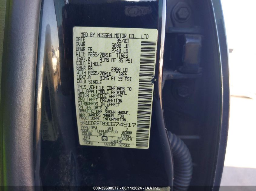 2003 Nissan Xterra Xe VIN: 5N1ED28T83C674917 Lot: 39600577