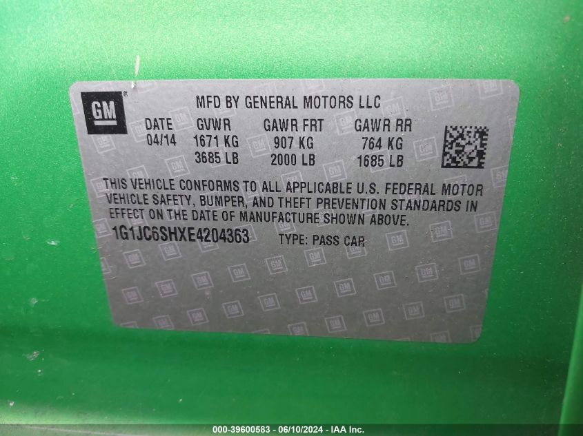 2014 Chevrolet Sonic Lt Auto VIN: 1G1JC6SHXE4204363 Lot: 39600583