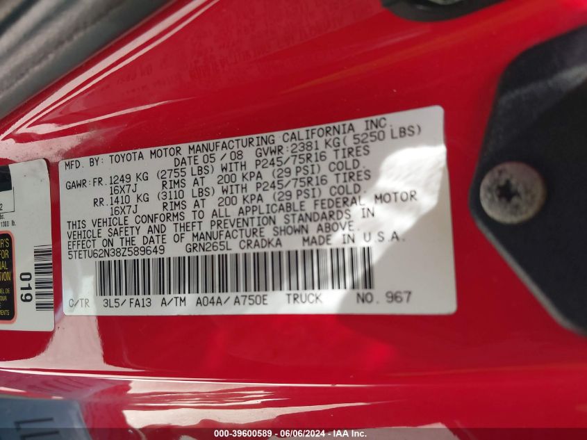 2008 Toyota Tacoma Prerunner Access Cab VIN: 5TETU62N38Z589649 Lot: 39600589
