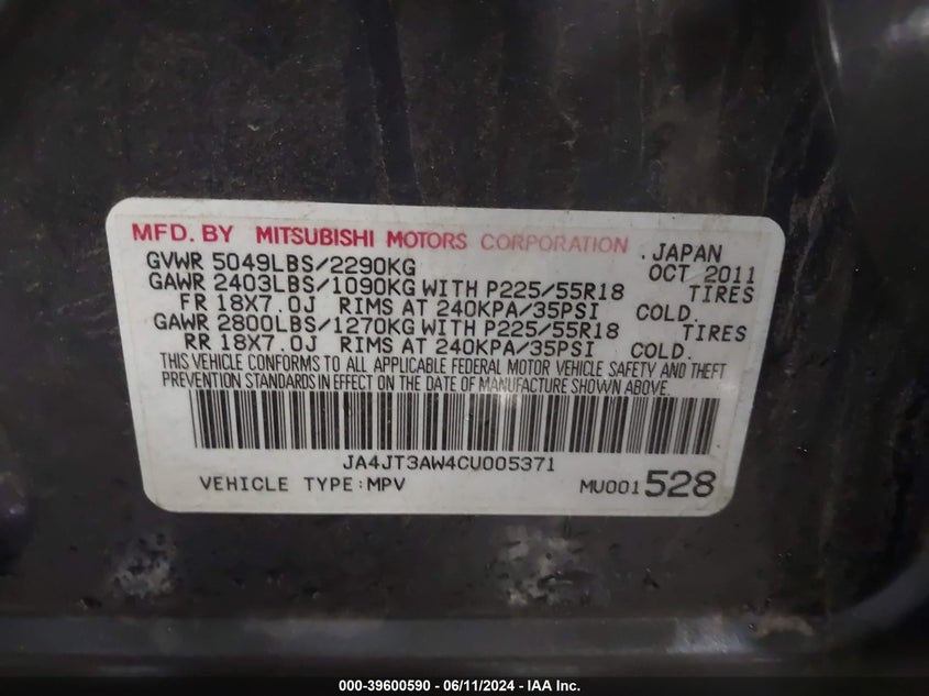 2012 Mitsubishi Outlander Se VIN: JA4JT3AW4CU005371 Lot: 39600590