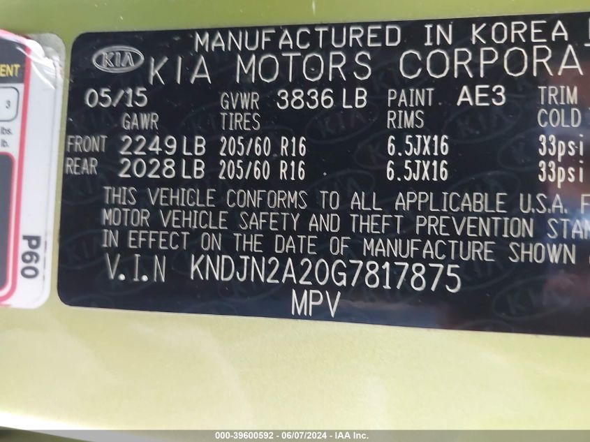 2016 Kia Soul VIN: KNDJN2A20G7817875 Lot: 39600592