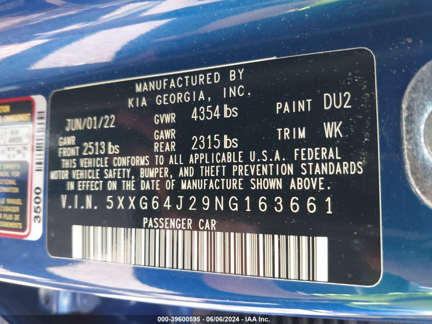 2022 Kia K5 Gt-Line VIN: 5XXG64J29NG163661 Lot: 39600595